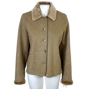 Rena Rowan Tan Embossed Paisley Floral Faux Fur Lined Jacket Button Up